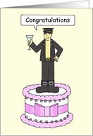 Gay Male Congratulations Cartoon Man Standing on a Cake card