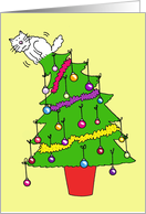 Christmas Humor Hang in There Cartoon Cat on Top of Tree card