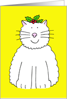 Happy Christmas from White Pet Cat Cartoon Cat Wearing Holly card