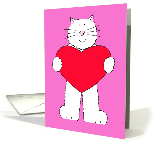 Cartoon Cat Holding a Large Heart for Romantic Valentine's Day card