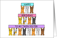 Twin Sister Happy Birthday Cartoon Cats Holding Banners Up card
