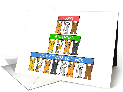 Happy Birthday to my Twin Brother Cartoon Cats Holding Up Banners card