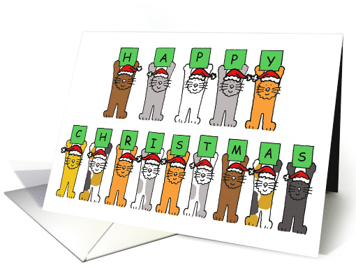 Happy Christmas Cartoon Cats Standing Up Wearing Santa Claus Hats card