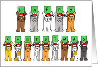 Happy Christmas Cartoon Cats Standing Up Wearing Santa Claus Hats card