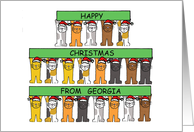 Happy Christmas from Georgia Cartoon Cats Wearing Santa Claus Hats card