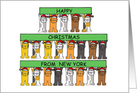 Happy Christmas from New York Cartoon Cats Wearing Santa Hats card