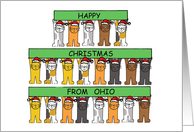 Happy Christmas from Ohio Cartoon Cats in Santa Hats with Banners card