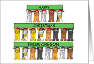 Happy Christmas from Oregon Cartoon Cats Standing Holding Banners card