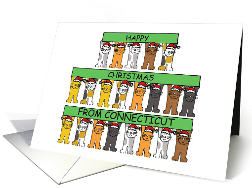 Happy Christmas from Connecticut Cartoon Cats Wearing Santa Hats card