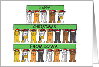 Happy Christmas from Iowa Cute Cartoon Cats Wearing Santa Hats card