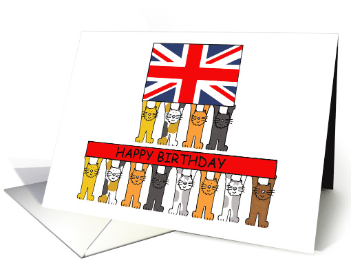 Happy Birthday Cartoon Cats With Union Jack Flag and Banner card