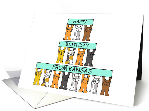 Happy Birthday from Kansas Cartoon Cats Holding Up Banners card