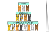 Happy Birthday from Maryland Cartoon Cats Holding Up Banners card
