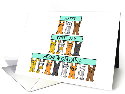 Happy Birthday from Montana Cartoon Cats Holding Up Banners card