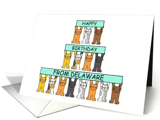 Happy Birthday from Delaware Cartoon Cats Holding Up Banners card