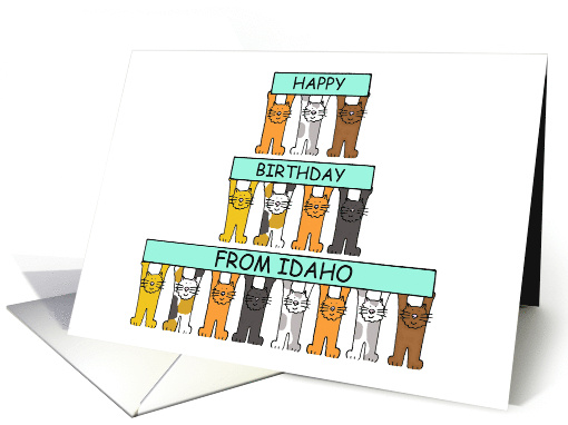 Happy Birthday from Idaho Cartoon Cats Holding Up Banners card