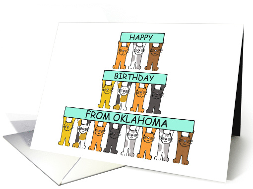 Happy Birthday from Oklahoma Cartoon Cats Holding Up Banners card