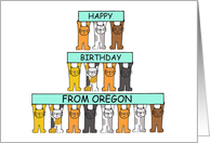 Happy Birthday from Oregon Cartoon Cats Standing Holding Banners card