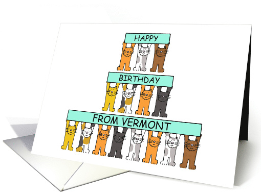 Happy Birthday from Vermont Cute Cartoon Cats Holding Up Banners card