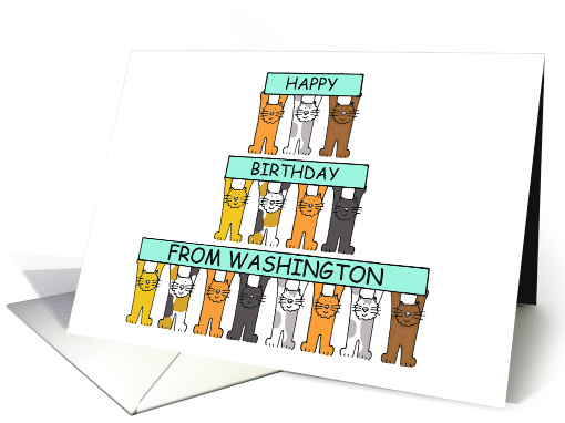 Happy Birthday from Washington Cartoon Cats Holding Up Banners card