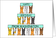 Happy Birthday from Washington Cartoon Cats Holding Up Banners card