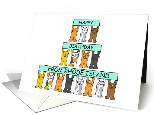 Happy Birthday from Rhode Island Cartoon Cats Holding Up Banners card
