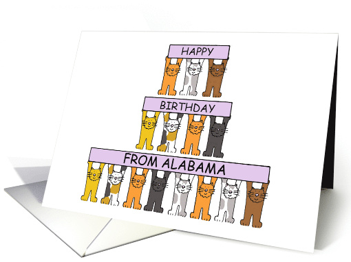 Happy Birthday from Alabama Cartoon Cats Holding Up Banners card