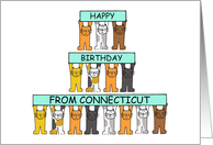 Happy Birthday from Connecticut Cartoon Cats Holding Up Banners card