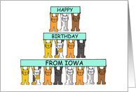 Happy Birthday from Iowa Cute Cartoon Cats Holding Up Banners card