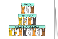 Happy Birthday from Louisiana Cartoon Cats Holding Up Banners card