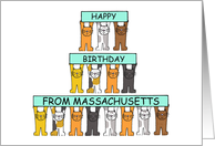 Happy Birthday from Massachusetts Cartoon Cats Holding Up Banners card