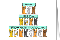 Happy Birthday from North Carolina Cartoon Cats Holding Banners Up card