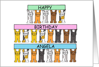 Happy Birthday Angela Cute Cartoon Cats Holding Up Banners card