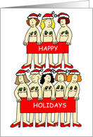 Burlesque Happy Holidays Cartoon Almost Naked Ladies in Santa Hats card