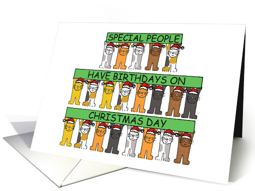 Christmas Day Birthday December 25th Cartoon Cats Holding Banners card