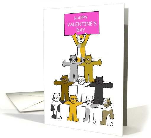 Happy Valentine's Day Cute Cartoon Cats Holding Up a Pink Banner card