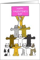 Happy Valentine’s Day Cute Cartoon Cats Holding Up a Pink Banner card