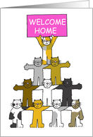 Welcome Home Cute Cartoon Cats Holding a Pink Banner card