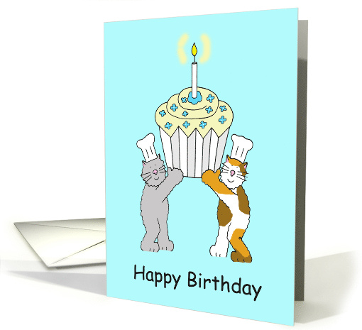 Happy Birthday Cartoon Cats Carrying a Giant Cupcake Between Them card