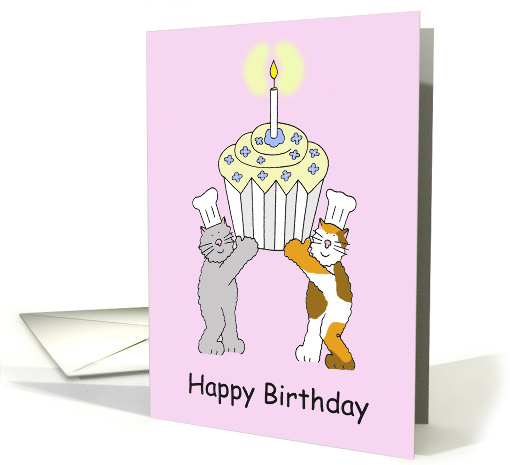Cat Chefs and Cupcake with Candle Happy Birthday Cartoon. card