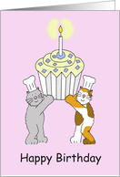 Cat Chefs and Cupcake with Candle Happy Birthday Cartoon. card