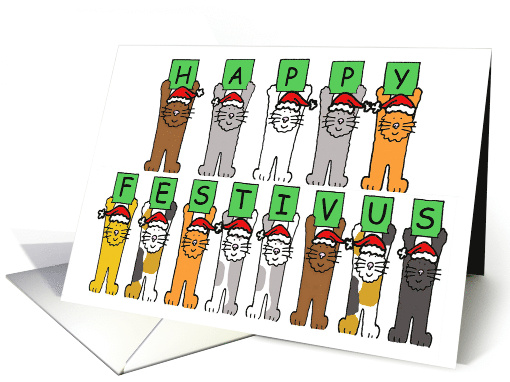 Happy Festivus Cartoon Cats Standing Up Wearing Festive Hats card