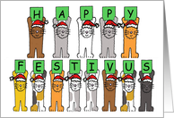 Happy Festivus Cartoon Cats Standing Up Wearing Festive Hats card
