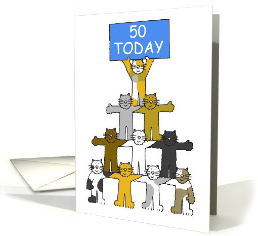 50th Birthday Cartoon Cats Holding up a Banner Feline Fun card