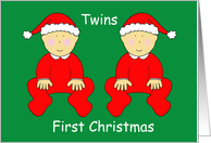 Twins First Christmas Cute Cartoon Babies in Festive Santa Outfits card
