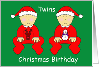 Twins Christmas Birthday Cartoon Twins in Cute Festive Outfits card