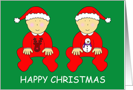 Happy Christmas to My Twin Cartoon Cute Babies in Festive Outfits card