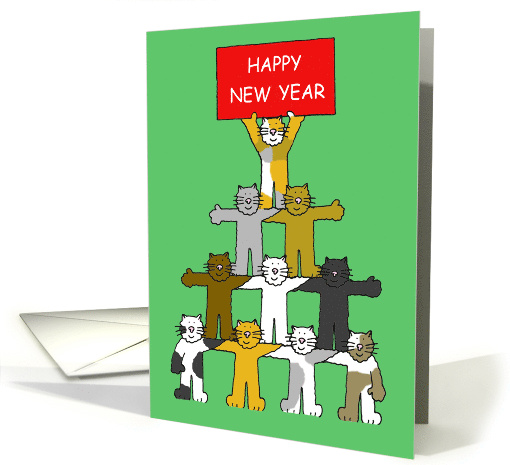 Happy New Year Fun Cartoon Cats Holding Up a Red Banner card (1203608)
