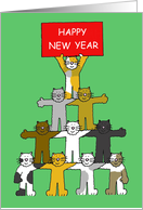 Happy New Year Fun Cartoon Cats Holding Up a Red Banner card