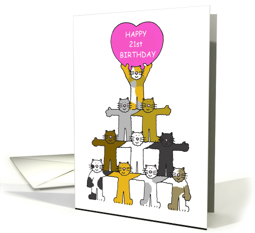 Happy 21st Birthday Cartoon Cats Holding a Pink Heart card (1204014)